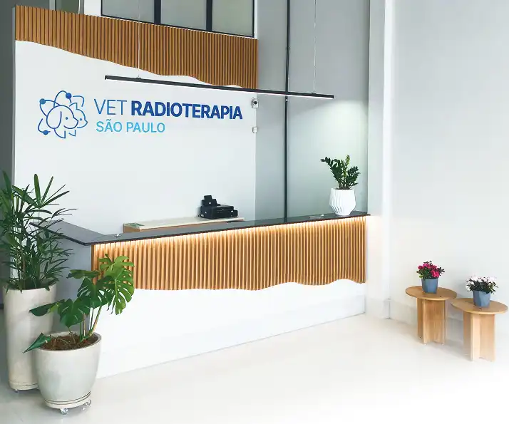 Recepção da clínica Vet Radioterapia SP em Osasco, com equipe atendendo tutores e pets em tratamento oncológico